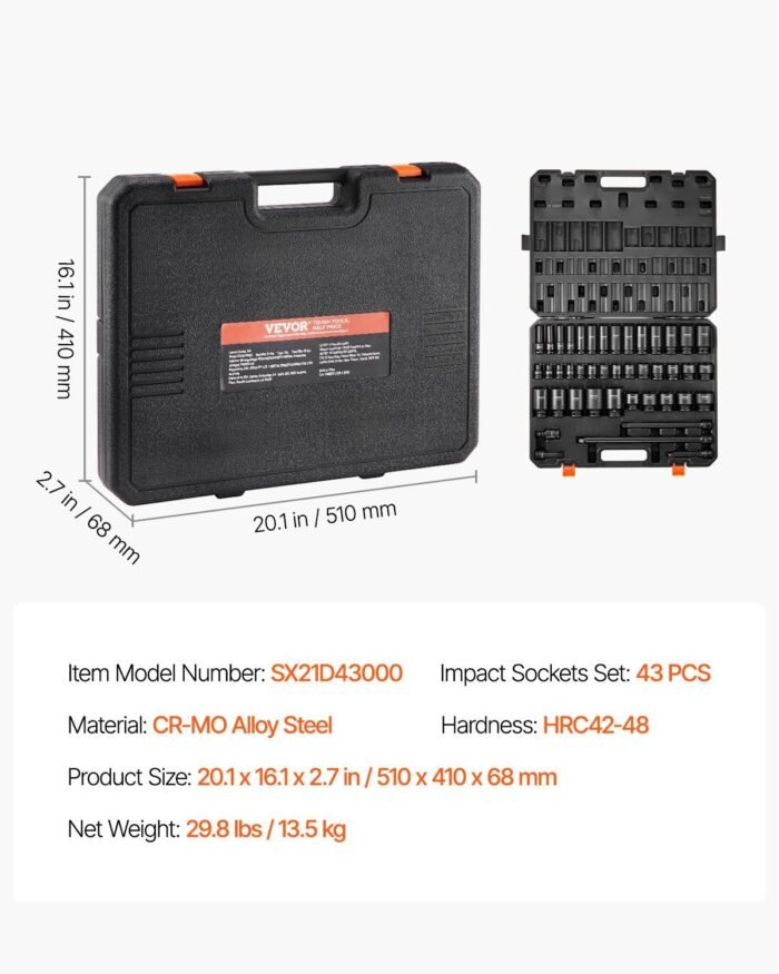 Impact Sockets Set 43pcs 6-Point 1 2in Drive Bit Ratchet Tool Kit Case - Image 5