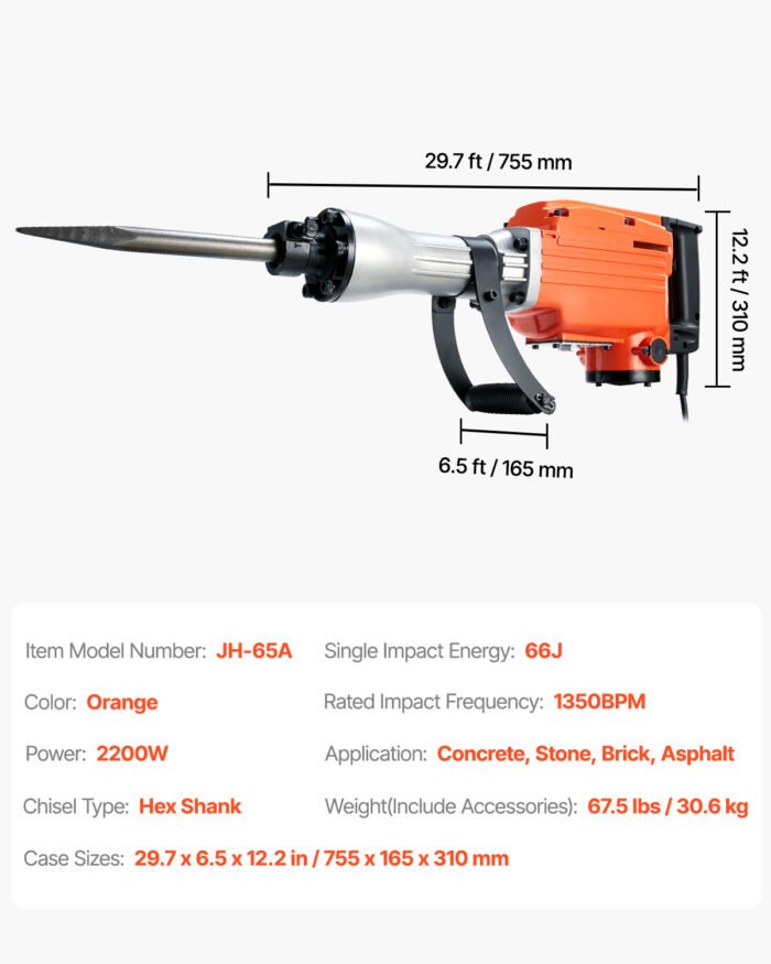 VEVOR Demolition Jack Hammer Concrete Breaker 2200W Electric Hammer 6 Chisel Bits - Image 5
