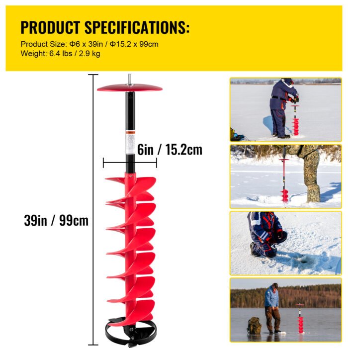 VEVOR Ice Drill Auger,Diameter Nylon Ice Auger,  Length Ice Auger Bit,Auger Drill With  Extension Rod,Auger Bit  Adapter,Top Plate & Blade Guard For Ice Fishing Ice Burrowing Red - Image 2