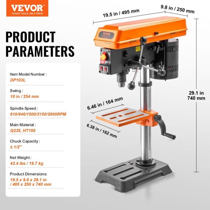 10in Benchtop Drill Press Tabletop Drilling Machine 610-2800RPM Adjustable - Image 10