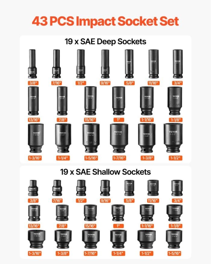 Impact Sockets Set 43pcs 6-Point 1 2in Drive Bit Ratchet Tool Kit Case - Image 7